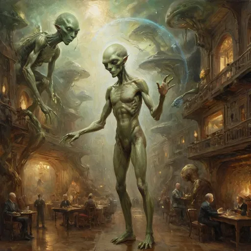 Prompt: Here is the text prompt used for the image generation:

"Sophisticated scene with an anthropomorphic alien figure, ethereal and unnervingly graceful, gliding through, extra-jointed limbs, deliberate and artful interactions, poised, effortless authority, showcasing a world where art, magic, and machinery converge with savoir-faire."