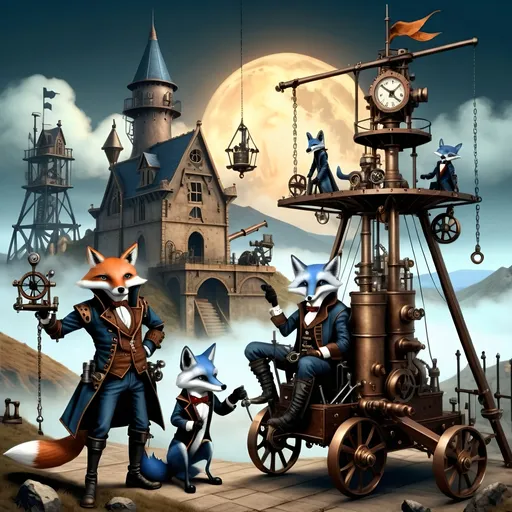 Prompt: {
  "prompt": "Illustrate a steampunkesque and gothic scene at dawn with an epic trebuchet and four anthropomorphic blue fox adventurers. The setting includes a dark, steampunkesque landscape with Dracula's fortress on a distant hill. Highlight the trebuchet with steampunkesque designs. Characters: Sebastian (leader), Alistair (sharpshooter), Finnegan (engineer), Cedric (medic). Include steampunkesque wrist grappler. Use dawn light to highlight details and create a dark, adventurous mood."
}