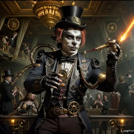 Prompt: "A steampunk masquerade ball takeover scene aboard a posh airship, titled 'The Masquerade of Shadows,' under twilight sky, grand dance deck with high ceilings, lavish gilded trimmings, elaborate frescoes, eerie chandeliers, ghostly shadows, colorful costumes, masks, Leo Brasspaw, anthropomorphic lion in leather steampunk attire with brass accents, leading rescue with son Zephyr, Leo wielding 'Dragon’s Blunderbuss' with dragon motifs, luciferin-powered energy blasts, glowing muzzle flashes, luciferin-powered saber, mechanical guardians, defensive automaton, Jester of Reckoning, Armed Jester, Top Hat Duelist, Dapper Gunman, Stoic Sharpshooter, Skeletal Figure in top hat, Skyship Horizon in background, monkey with monocle, chiaroscuro lighting."