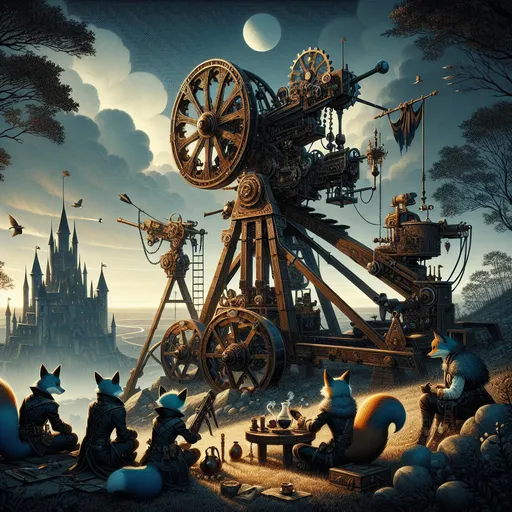 Prompt: {
  "prompt": "Illustrate a steampunk and gothic scene at dawn with an epic trebuchet and four anthropomorphic blue fox adventurers. The setting includes a dark, steampunk landscape with Dracula's fortress on a distant hill. Highlight the trebuchet with steampunk designs. Characters: Sebastian (leader), Alistair (sharpshooter), Finnegan (engineer), Cedric (medic). Include a coffee break with a steampunk coffee maker, carafe, and krumpets. Use dawn light to highlight details and create a dark, adventurous mood."
}