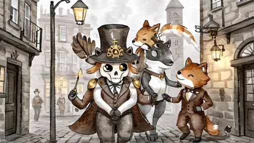 Prompt: Amid cobblestone,
Metallic dragon armor,
Gas lamps flicker bright.

Top hats, goggles gleam,
Elaborate costumes dance,
Street alive with dreams.

A staff’s fiery glow,
Adventure in steampunk air,
Brick buildings bear tales.

Gothic shadows loom,
Beasts in armor stand ready,
Mystery in eyes.

Crossbow in fur coat,
Fox with torch and long rifle,
Skull helm leads the pack.

Wolf holds skulls in hand,
Lion mask with fierce courage,
Dim light, gothic vault.

Ball of musketeers,
Steampunk twist joins old valor,
King's guard fierce and true.

Gallant swordsmen three,
Innovative one appears,
Guardian's cry heard.

Camaraderie,
King’s gift of inventive tools,
Bond of strength renewed.

Court’s festivity,
Blend of chivalry and steam,
Loyal hearts defend.