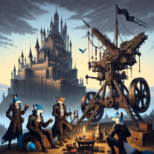 Prompt: {
  "prompt": "Illustrate a steampunk and gothic scene at dawn with an epic trebuchet and four anthropomorphic blue fox adventurers. The setting includes a dark, steampunk landscape with Dracula's fortress on a distant hill. Highlight the trebuchet with steampunk designs. Characters: Sebastian (leader), Alistair (sharpshooter), Finnegan (engineer), Cedric (medic). Include a coffee break with a steampunk coffee maker, carafe, and krumpets. Use dawn light to highlight details and create a dark, adventurous mood."
}