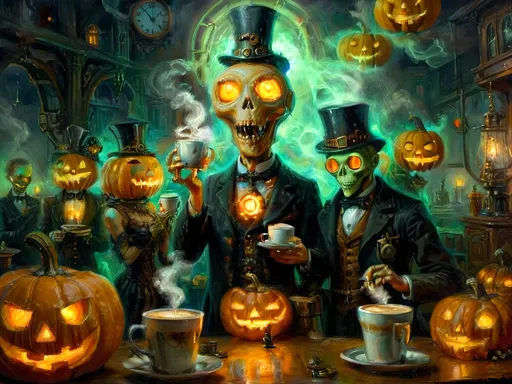 Prompt: A steampunk anthropomorphic alien hosting a midnight coffee party, set under the glowing gaze of hovering jack-o’-lanterns, enveloped in ethereal steam. The scene merges Victorian elegance with mechanical ingenuity, where ghostly guests with spectral visages sip coffee from brass cups. Flickering shadows are cast by distant ruins, and glowing mist curls at the guests' feet. The sound of unseen gears ticking rhythmically fills the air, creating an eerie yet refined atmosphere. The overall scene is a surreal tableau, blending tradition with futuristic artistry, where every element tells a story, from the steampunk decorations to the glowing jack-o’-lanterns, combining Halloween and steampunk aesthetics in a dreamlike setting.