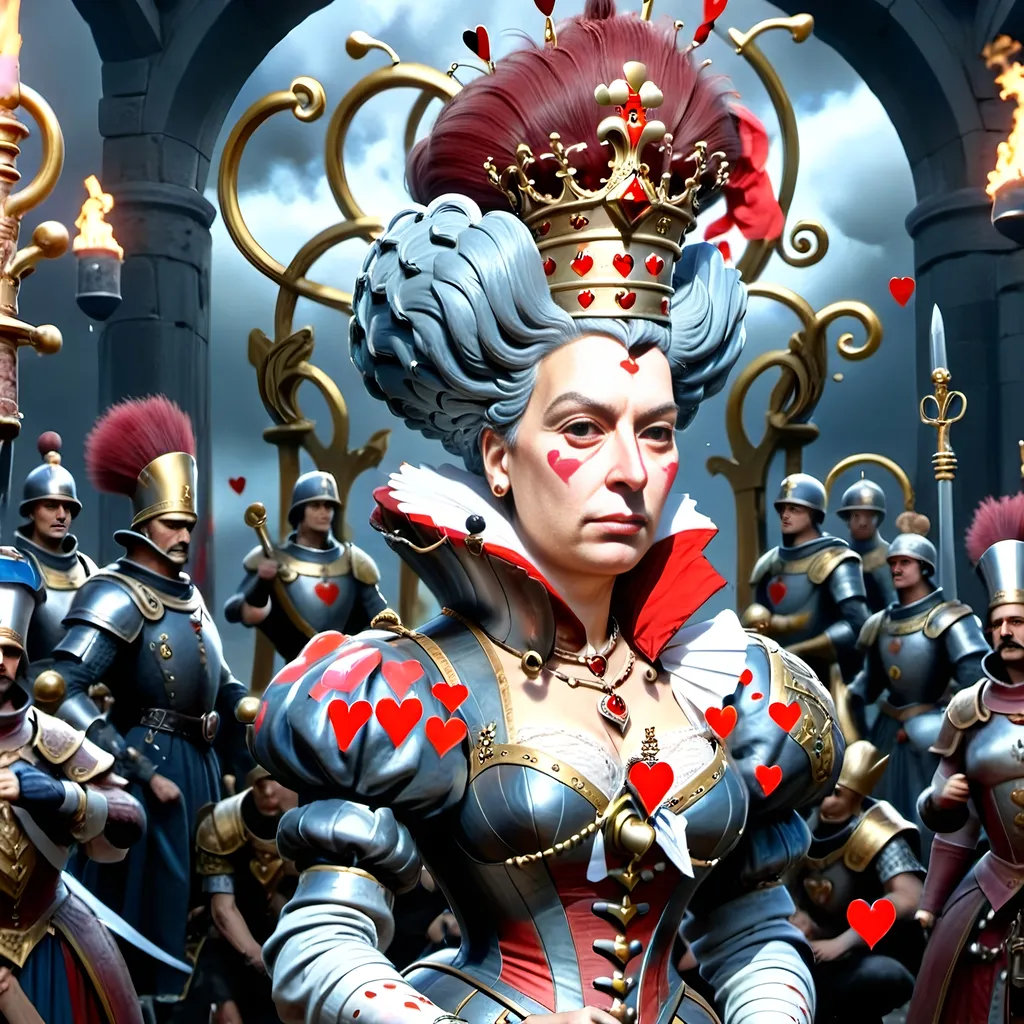 Prompt: In a realm where the cards held court and battles unfolded upon the velvet battlefield, the Queen of Hearts stood as a regal figure with a turbulent spirit. Her presence ignited fervor in her loyal subjects—her men, the mighty soldiers of her crimson domain.
With a gaze that could melt steel and a heart that beat thunder into the very ground they tread, she commanded her troops like a tempest unleashed. Each man embodied her unyielding will. As swords clashed and footsteps thundered, the Queen's call to arms echoed, stirring her men into a frenzy of unwavering loyalty.
Amidst the chaos, her soldiers surged forth, a symphony of controlled chaos. Hearts blazing like infernos, they tore through enemy lines with swift, merciless actions. Eyes met their merciless blades as they advanced, a whirlwind of crimson and steel, gouging the very essence of opposition.
At the storm's heart, the Queen of Hearts stood, a vision of sovereignty and power. She orchestrated the brutal ballet of war with a grace belying the surrounding chaos. Her presence was feared and revered—a beacon of unwavering resolve.
In that moment, with the clash of arms and battle cries filling the air, the Queen of Hearts reigned supreme. She was a sovereign of unparalleled ferocity and indomitable spirit, leading her men to victory amidst the battlefield's carnage and chaos.
