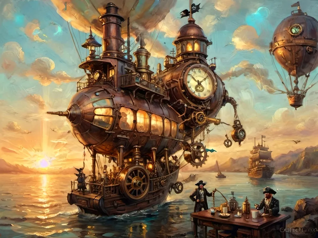 Prompt: An exuberant dawn where lucent light bathes a pirate airship in the sky, known as the 'Ship of Fools.' The airship sails in a steampunk reverie with pastel jesters frolicking around a Rube Goldberg coffee contraption. Soft focus and gentle gradients are used with acrylic colors like antique bronze, copper, baby blues, and coffee. Multicolor luciferin effects add magical transparency. Steampunk motifs include pistons, cogs, and gears in motion. Expansive light, lens flares, and glowing edges enhance the ethereal glow. Phong shading adds realism, and the composition emphasizes delicate details, soft blurs, and ample negative space with metallic accents of silver and gold for subtle luxury. The scene evokes a dreamlike steampunk fantasy inspired by a haiku.