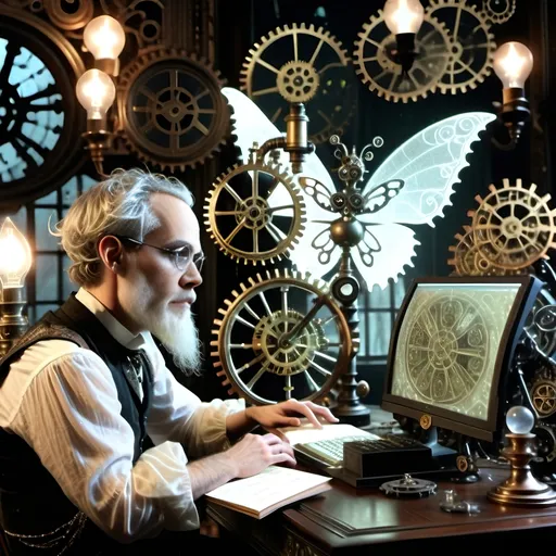 Prompt: A steampunk scene set in the 19th century featuring a philosopher at a desk surrounded by intricate gears, cogs, and pistons. The philosopher, resembling Epictetus, is deeply focused on a computer screen displaying an ethereal fairy composed of glowing, translucent digital patterns. The fairy, named Absinthea, has delicate, semi-transparent wings and is illuminated by soft, pastel colors such as baby blues, antique bronze, and copper gradients. The scene is bathed in a soft, ethereal light, with lens flares and glowing edges around the fairy, creating a dreamlike atmosphere. The philosopher’s study is lit by gaslight, with brass and leather accents, and the light casts soft shadows, emphasizing the contrast between the mechanical world of the philosopher and the otherworldly presence of the fairy. The entire scene blends the tangible steampunk elements with the digital, ethereal form of the fairy, creating a harmonious yet contrasting visual composition.