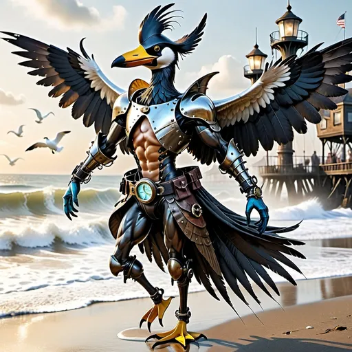 Prompt: Anthropomorphic 
Steampunkesque technology
Muscle bound seabird
---

Under morning sun,  
Seabird graces storied sands—  
Resplendent in form.

---

Elongated legs,  
Supple reeds in zephyrs’ dance—  
Sea's vast embrace calls.

---

Mischief in his eyes,  
Beachgoers’ toil unnoticed—  
Avian voyager.

---

Plumage tousled light,  
Saline breezes bring solace—  
Waves chant his essence.

---

Choreographed grace,  
Wings unfurled in ocean's song—  
Maestro of the shore.

---

Day's vibrant tableau,  
Delights of beachside revels—  
Laughter and salt tang.

---

Fellowship in skies,  
Airborne kin cavort above—  
Cerulean bond.

---

Muscle Beach's arena,  
For robust and brawny strength—  
Whimsical proscenium.

---

Stilts' realm of splendor,  
Statuesque limbs embrace waves—  
Effervescent spirit.
