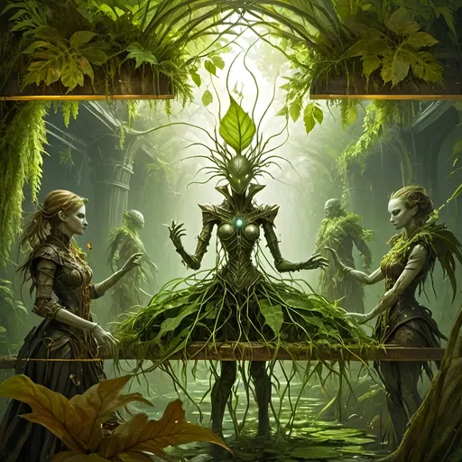 Prompt: Awakening to a world of grass and fog, this anthropomorphic marvel found itself a being of intricate design, its form fashioned from a mosaic of verdant foliage. Each leaf, a distinct contour sculpted by nature's hand, now melded seamlessly into a living, breathing tapestry of existence.

As consciousness unfurled like the delicate fronds of a fern, the anthropomorphic leaf creature's very veins pulsed with the lifeblood of intricate leaf veins, an organic network etched upon its frame - a convergence of the botanical and the mechanical. Its eyes, twin orbs of luminous intent, searched the room with an inquisitive gleam, conveying a depth of emotion that belied its leafy visage.

Donned in steampunk attire fashioned from woven textured foliage, the creature's appearance was a blend of rustic charm and whimsical elegance. The supple leather-like fabric of its leaf clothing whispered softly with each movement, granting it a tactile semblance of the sturdy yet comforting embrace of leather, exposed skin as dried leaves.

Thus, in this wondrous amalgamation of flora and function, the steampunkesque creature stood -eye contact and interaction a relaxed posture, a marvel of artistry and ingenuity, a testament to the boundless creativity that flourished in the realm where the natural world and the fantastical collide.
