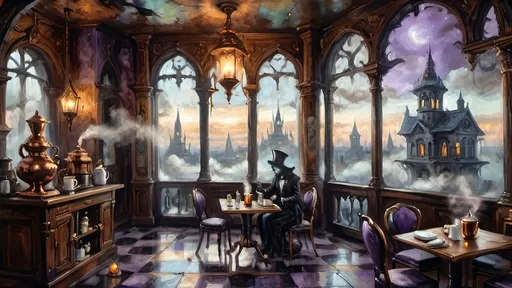 Prompt: An ethereal steampunk coffee bistro in the clouds at twilight, with angels and celestial figures serving coffee. Patrons bustling.  The bistro is adorned with mechanical steampunk elements like antique bronze and copper gradients, along with silver and gold accents. The atmosphere is dreamlike and heavenly, with Halloween elements such as glowing jack-o’-lanterns, phantoms, and eerie Victorian attire. Gothic spires and shadowy ruins appear in the misty landscape, illuminated by stark chiaroscuro lighting. Eerie mists glow in shades of brown, purple, and green, while ornate brass carafes steam with celestial coffee. Angels with shimmering wings and macabre expressions serve patrons under a sky painted in lavender and soft blues. The flooring is made of glowing clouds, and the bistro furniture is airy and translucent, creating a haunting yet serene ambiance.