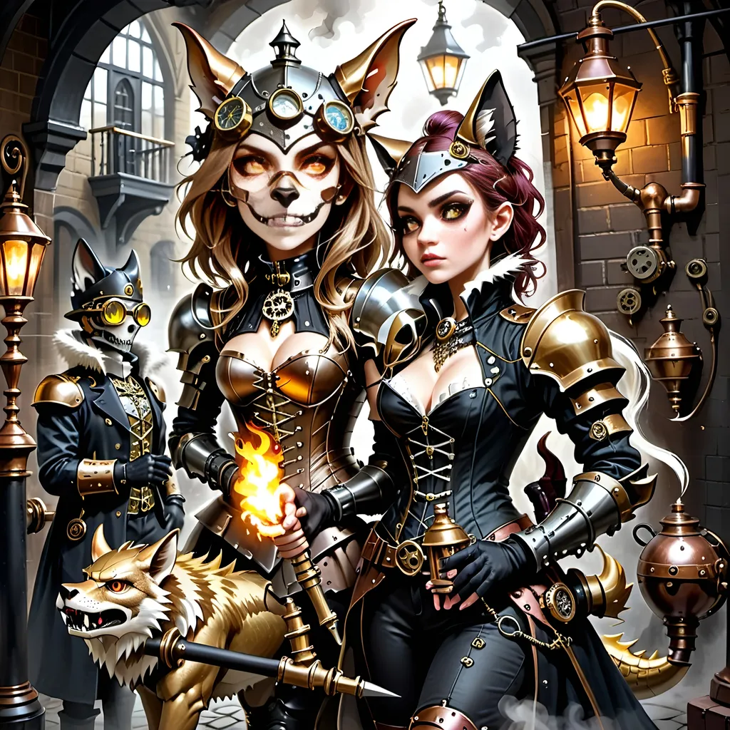 Prompt: Amid cobblestone,
Metallic dragon armor,
Gas lamps flicker bright.

Top hats, goggles gleam,
Elaborate costumes dance,
Street alive with dreams.

A staff’s fiery glow,
Adventure in steampunk air,
Brick buildings bear tales.

Gothic shadows loom,
Beasts in armor stand ready,
Mystery in eyes.

Crossbow in fur coat,
Fox with torch and long rifle,
Skull helm leads the pack.

Wolf holds skulls in hand,
Lion mask with fierce courage,
Dim light, gothic vault.

Ball of musketeers,
Steampunk twist joins old valor,
King's guard fierce and true.

Gallant swordsmen three,
Innovative one appears,
Guardian's cry heard.

Camaraderie,
King’s gift of inventive tools,
Bond of strength renewed.

Court’s festivity,
Blend of chivalry and steam,
Loyal hearts defend.