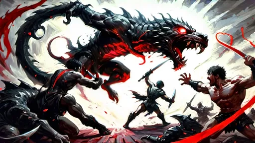 Prompt: A dynamic graphic novel-style scene of a hero battling a colossal monster, using a red, black, and white color palette. The hero is leaping through the air, about to strike the monster. The hero is rendered in stark black with red highlights on their sword and eyes, with white highlights for muscle definition and motion. The colossal monster is menacing, depicted in black with glowing red eyes and wounds, set against a white background. Motion lines in white emphasize the hero's movement, with bold lines and dramatic shadows enhancing the intensity of the battle. High contrast between the colors creates a striking, action-packed image in a bold and vivid style.