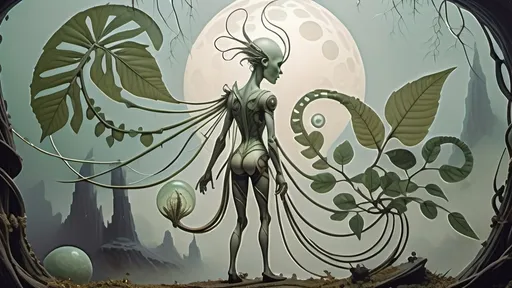 Prompt: Awakening to a world of grass and fog, this anthropomorphic marvel found itself a being of intricate design, its form fashioned from a mosaic of verdant foliage. Each leaf, a distinct contour sculpted by nature's hand, now melded seamlessly into a living, breathing tapestry of existence.

As consciousness unfurled like the delicate fronds of a fern, the anthropomorphic leaf creature's very veins pulsed with the lifeblood of intricate leaf veins, an organic network etched upon its frame - a convergence of the botanical and the mechanical. Its eyes, twin orbs of luminous intent, searched the room with an inquisitive gleam, conveying a depth of emotion that belied its leafy visage.

Donned in steampunk attire fashioned from woven textured foliage, the creature's appearance was a blend of rustic charm and whimsical elegance. The supple fabric of its leaf clothing whispered softly with each movement, granting it a tactile semblance of the sturdy yet comforting embrace of leather, exposed skin as dried leaves.

Thus, in this wondrous amalgamation of flora and function, the steampunkesque creature stood - a marvel of artistry and ingenuity, a testament to the boundless creativity that flourished in the realm where the natural world and the fantastical collide.
