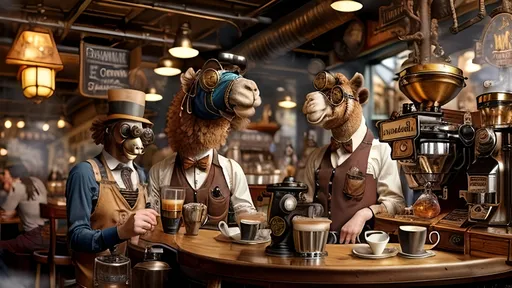 Prompt: A bustling steampunk café named 'The Roaming Hump Café,' featuring anthropomorphic camel baristas dressed in waistcoats and goggles, operating intricate, steam-powered coffee machines. The café has both camel and human patrons engaged in lively conversation. The decor includes brass gears and polished steam pipes, enhancing the warm, welcoming, adventurous, and whimsical atmosphere. The scene captures the baristas' flair in coffee crafting amidst the hum of steam and gears, with a focus on the baristas' coffee-making skills. Cinematic 16:9 view.