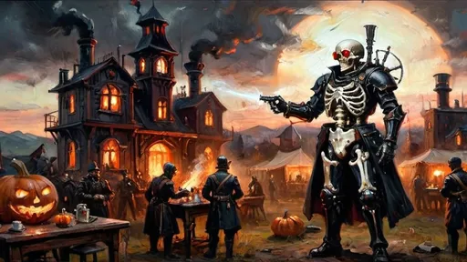 Prompt: A dynamic steampunk-themed battle camp scene at dawn. In the foreground, an Italian ghoul prince stands in mid-action, adorned in black armor with red highlights. His eyes glow vividly red, radiating power as he wields a rapier and a blunderbuss, ready for battle. Opposite him is a menacing automaton guard with stark black armor and glowing red goggles, accented with white highlights. The background features a velvety black night sky, merging with the reddish dawn light that casts an eerie glow over the camp. Brass chimneys and rotating gears surround tents, with steam rising to add a dreamlike atmosphere. In the vicinity, a military coffee barista operates a steam-powered coffee machine, adding layers of activity and steampunk detail. Skeleton soldiers with mechanical enhancements are scattered around, with carved pumpkins emitting a warm, orange glow. The overall scene uses chiaroscuro lighting to dramatize the steam and industrial elements, creating a visually striking and immersive tableau.