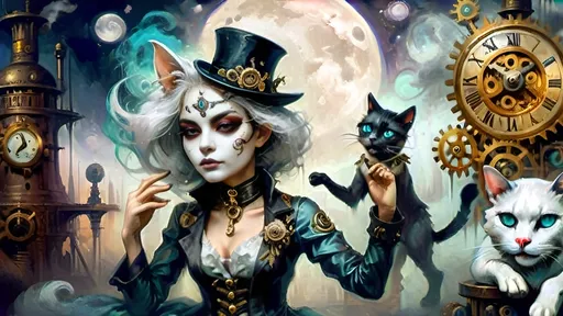 Prompt: In fog's tender grasp
Neo-Victorian streets
Two souls move as one
Warrior in black
Brass gears on alabaster
Eyes sharp as the moon
By her side, a soul
Anthropomorphic guide
Tattooed with the past
He stands resplendent
Colorful hat, white ponytail
Ethereal knight
Funk hues swirl around
Clockwork, gears, and mist combine
Light blooms, shadows dance
Cat with glistening coat
Dances near, a vibrant touch
Whimsy in their quest
In night's soft embrace
Warrior and soul entwined
Dreamlike journey shared