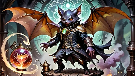 Prompt: Within arcane realms,  
Anthropomorphic bat-bodied figures glide,  
Unfurled wings sweeping through twilight skies.  
In the heart of the commune, amidst steampunk wonders,  
Three bat boys embark on a daring adventure.
Clutching a crystal sphere,  
Its vivid world encapsulated within,  
A steampunk elder reflects,  
Embracing the ethereal with knowing eyes.  
Trompe L'oeil’s whispered spell,  
Warlock's alchemy, and ancient intrigues guide them. Prehensile devil fleshy arrowhead shaped tail tips
Luciferin hues dance in the air,  
Psychedelic flames casting an otherworldly glow,  
Smoke weaving mystical tales of yore.  
The boys, undeterred, stop and have full steampunk coffee service, milk art coffee break,  move forward,  
Their high-top sneakers, a blend of leather and copper,  
Pounding the rugged terrain with determined strides.
Amidst the expansive panorama,  
Nature's flame essence glows,  
Revealing the fantasy world unfolding.  
Each step brings new perils,  
Each flutter of their wings a brush with fate.
High above, the stars bear silent witness,  
To their bravery and camaraderie,  
In the face of overwhelming odds.  
Bound by duty and a brotherhood unspoken,  
They carve their path through the heart of the commune,  
Their journey just beginning in this steampunked twilight.
With enhanced fingers tracing ancient maps,  
Expressive eyes searching for the next clue,  
They press forward into the unknown,  
Their bond a beacon in a world fraught with danger.  
Through the shimmering veil of smoke and flame,  
The adventure of three bat boys,  
Against all odds,  
Continues into the night.