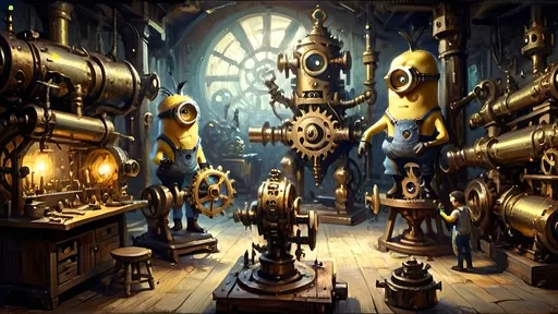 Prompt: A dimly lit workshop filled with dancing shadows cast by flickering lights. The workshop is a hive of activity with minions being crafted from brass and other metals. Spectral logs and bronze cogs are scattered around, and intricate machinery is in the background, creating a sense of trance and enchantment. The overall atmosphere is eerie and mechanical.