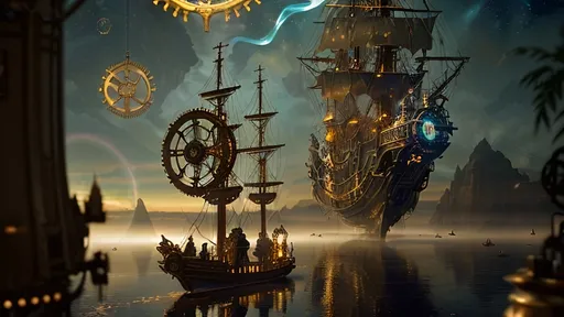 Prompt: A serene scene with glowing motifs and an otherworldly effect, rendered in the style of fountain pen ink, inspired by steampunkesque luciferin powered and illustrated. The scene depicts an exultant dawn breaking with a lucent glow anointing the sky. A pirate ship known as 'fools’ airborne vessel' ascends in a steampunk reverie, with clockwork jesters frolicking near a Rube Goldberg coffee device on deck. Soft gradients blend acrylic colors of bronze, baby blues, and gold, as the airship’s spectral hues glow. Luciferin light and translucent magic weave through the air with ethereal mist. Pistons hum in sync as gears and cogs glide in motion, demonstrating machination’s grace. Lens flares gently bloom, and expansive light shapes the scene, with softly glowing edges. Phong shading gives a touch of realism within the dreamlike haze, while soft blurs and ample negative space breathe life into the scene. Metallic whispers of gold add a sense of luxury as the ship sails through the dreaming steampunk sky, with fools in dawn’s embrace.Chiaroscuro effecits