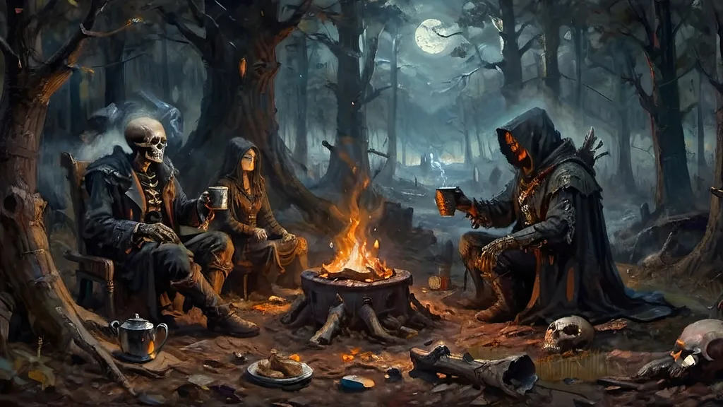 Prompt: A dramatic and tense moment in a dark, foggy forest, where a hunter and a necromancer sit near a flickering campfire. The scene captures the instant when the hunter, clad in dark, weathered armor, hands a steaming cup of coffee to the necromancer. The hunter’s breath is visible in the cold night air, and his gloved hand grips the cup with precision. The necromancer, with a ghoulish countenance and skeletal fingers, reaches out from their patchwork robes adorned with bones and arcane symbols to accept the cup. The campfire casts a spectral glow over the scene, highlighting the detailed steampunk apparatuses and gear scattered around the campsite. Trompe l’oeil techniques are used to create depth and realism, with shadows and light playing intricately across the figures and surroundings, giving the entire scene a three-dimensional, lifelike quality.