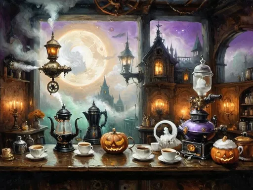 Prompt: ethereal steampunkesque coffee bistro in the clouds with angels and celestials, dreamlike atmosphere with mechanical steampunk elements, antique bronze, copper gradients, silver and gold accents. The space is heavenly and dreamlike, filled with Halloween elements like jack-o’-lanterns, phantoms, eerie Victorian attire, and a gothic twist. There are shadowy ruins and misty landscapes under stark chiaroscuro lighting, with eerie mists glowing in shades of brown, purple, and green. Celestial beings in fun macabre Victorian attire with ornate brass coffee makers and carafes add to the scene's whimsical yet haunting atmosphere.