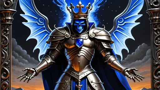 Prompt: In the battlefield's grim and fateful hour,  
The king, in dire straits, donned with runic might,  
His breastplate, a cobalt blue luciferin power,  
Glowing trompe l'oeil, radiating in the night.
Bronze and copper accouterments adorned,  
Reflecting his ethereal ethereal hue,  
A king, in soulful gaze, his fate forewarned,  
For in battle's dance, his destiny he'll pursue.

Steaming brass machine,
Latte swirls in artful froth,
Castle's walls at dusk.
 Milk dances in cup,
Gothic battlements aglow,
Twilight's warm embrace.
Brass and metal gleam,
Enchanted castle at dusk,
Latte artistry.

Amidst the fray, enchanted by his spell,  
Bewitched daemon imps arise,  
Their presence in the battle does compel,  
A dynamic clash beneath the darkening skies.
In fierce interaction with these spectral beings,  
The king's strength and valor put to test,  
His spirit, a beacon in the chaos it brings,  
In a realm where courage and fate manifest.
With each movement, a narrative unfolds,  
As anthropomorphic characters align,  
In the king's story, where destiny molds,  
A saga of bravery and honor intertwined.
Through the clash of forces, light and dark,  
The king's presence shines in cobalt blue,  
A soulful citation in battle's stark embark,  
A monarch in bronze and copper, true.
In this tapestry of conflict and strife,  
Where skeletal imps and warriors entwine,  
The king, in his regal essence rife,  
Embodies a legacy, steadfast and divine.
