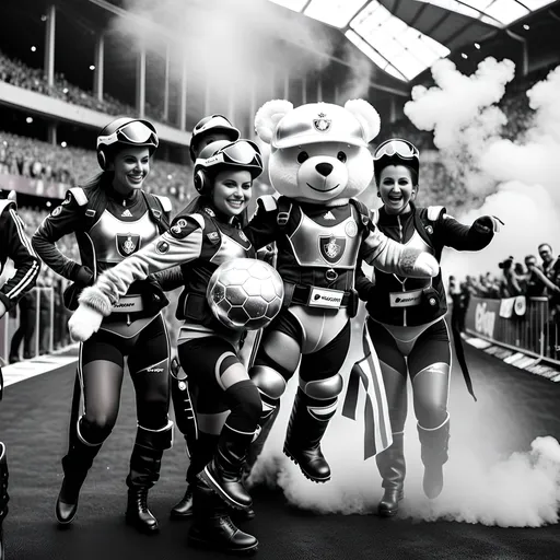 Prompt: In a bustling metropolis where technology and society harmoniously intertwine, stands a grand stadium where the futuristic echoes of cheering fans fill the air. Enter Albärt the teddy bear , the anthropomorphic mascot of UEFA EURO 2024, transformed into a towering plushy iteddy bear, clad in fluffy plushy fur adorned with the team's iconic crest.
On game day, the streets pulse with energy as fans in augmented reality headsets and holographic jerseys make their way to the state-of-the-art stadium. Albärt the teddy bear , with his LED-lit eyes gleaming with fervor, leads the UEFA EURO 2024 faithful in a procession towards the arena, his every step resonating with the thunderous roar of digital drums and futuristic chants.
Inside the stadium, the atmosphere is electrifying as fans immerse themselves in a sensory overload of advanced holographic displays and interactive technologies. Albärt the teddy bear , towering over the crowd, commands attention with his imposing presence, his metallic tail swaying with anticipation as he interacts with young and old fans alike through neural-linked communication devices.
As the match commences on the technologically enhanced pitch below, Albärt the teddy bear  becomes the beacon of UEFA EURO 2024's spirit, inspiring the team and fans alike with his unwavering loyalty and passion. With each goal scored, his plushy frame lights up in a luciferin dazzling display of victory, igniting a wave of euphoria among supporters who see in him the embodiment of the team's indomitable spirit.
In this futuristic steampunkesque world, Albärt the teddy bear  stands not only as a symbol of UEFA EURO 2024's legacy but also as a testament to the enduring bond between fans, technology, and the timeless spirit of competition that unites them all in the pursuit of victory.
