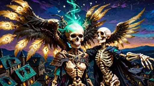 Prompt: A highly detailed and fantastical scene featuring an anthropomorphic Baykok, a skeletal figure intricately carved with bone and steampunk elements. Gears and pistons are integrated into its form, illuminated by a glowing phoenix feather in its chest. The twilight sky behind is filled with vibrant, swirling trails of emerald, violet, and blue light, as a sorceress soars high on a broomstick. Her flowing robes, glowing with luciferin, flutter in the wind. Below, cobbled rooftops gleam under flickering fires, and stars spiral in the sky. The lighting creates deep shadows and dramatic highlights, evoking a dark fantasy atmosphere with realistic details and surreal, ethereal light.