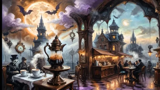 Prompt: An ethereal steampunk coffee bistro in the clouds at twilight, with angels and celestial figures serving coffee. Patrons bustling.  The bistro is adorned with mechanical steampunk elements like antique bronze and copper gradients, along with silver and gold accents. The atmosphere is dreamlike and heavenly, with Halloween elements such as glowing jack-o’-lanterns, phantoms, and eerie Victorian attire. Gothic spires and shadowy ruins appear in the misty landscape, illuminated by stark chiaroscuro lighting. Eerie mists glow in shades of brown, purple, and green, while ornate brass carafes steam with celestial coffee. Angels with shimmering wings and macabre expressions serve patrons under a sky painted in lavender and soft blues. The flooring is made of glowing clouds, and the bistro furniture is airy and translucent, creating a haunting yet serene ambiance.