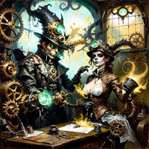 Prompt: ### Haiku Series: Steampunk Gothic Elegy
**I. Gloomy Sanctum's Veil**  
In hoary sanctum,  
Crumbling relics of dread,  
Shadows writhe and coil.  
**II. Flickers of Dismay**  
Eerie glimmers wane,  
Brass mechanisms bespeak  
Of rust's cruel decay.  
**III. Feline Warriors' Grit**  
Worn, sinewy forms,  
Anthropomorphic knights stride,  
Gear-clad audacity.  
**IV. Weapons Poised to Strike**  
In tattered espers,  
Blunderbusses starkly gleam,  
Eyes aglow with might.  
**V. The Pseudo-Drake Calls**  
Scales tarnished yet grand,  
Mechanical wyrm exhales  
Ominous green light.  
**VI. Menace in the Depths**  
Skeletal beast looms,  
Gears grating in sable night,  
Malevolence waits.  
**VII. Tension in the Air**  
Ominous foreboding,  
Gothic horror intertwines,  
Impending conflict.  
### Closing Reflection  
Eloquent shadows dance,  
In this steampunk reverie,  
Darkness meets the flame.  