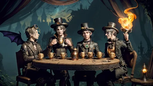 Prompt: Within arcane realms,  
Anthropomorphic bat-bodied figures glide,  
Unfurled wings sweeping through twilight skies.  
In the heart of the commune, amidst steampunk wonders,  
Three bat boys embark on a daring adventure.
Clutching an ornate carafe of coffee,  
And  two mugs
Its vivid world encapsulated within,  
A steampunk elder reflects,  
Embracing the ethereal with knowing eyes.  
Trompe L'oeil’s whispered spell,  
Warlock's alchemy, and ancient intrigues guide them. Prehensile devil fleshy arrowhead shaped tail tips
Luciferin hues dance in the air,  
Psychedelic flames casting an otherworldly glow,  
Smoke weaving mystical tales of yore.  
The boys, undeterred, stop and have full steampunk coffee service, milk art coffee break,  move forward,  
Their high-top sneakers, a blend of leather and copper,  
Pounding the rugged terrain with determined strides.
Amidst the expansive panorama,  
Nature's flame essence glows,  
Revealing the fantasy world unfolding.  
Each step brings new perils,  
Each flutter of their wings a brush with fate.
High above, the stars bear silent witness,  
To their bravery and camaraderie,  
In the face of overwhelming odds.  
Bound by duty and a brotherhood unspoken,  
They carve their path through the heart of the commune,  
Their journey just beginning in this steampunked twilight.
With enhanced fingers tracing ancient maps,  
Expressive eyes searching for the next clue,  
They press forward into the unknown,  
Their bond a beacon in a world fraught with danger.  
Through the shimmering veil of smoke and flame,  
The adventure of three bat boys,  
Against all odds,  
Continues into the night.