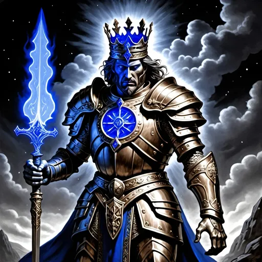 Prompt: In the battlefield's grim and fateful hour,  
The king, in dire straits, donned with runic might,  
His breastplate, a cobalt blue luciferin power,  
Glowing trompe l'oeil, radiating in the night.
Bronze and copper accouterments adorned,  
Reflecting his ethereal ethereal hue,  
A king, in soulful gaze, his fate forewarned,  
For in battle's dance, his destiny he'll pursue.
Amidst the fray, enchanted by his spell,  
Bewitched daemon imps arise,  
Their presence in the battle does compel,  
A dynamic clash beneath the darkening skies.
In fierce interaction with these spectral beings,  
The king's strength and valor put to test,  
His spirit, a beacon in the chaos it brings,  
In a realm where courage and fate manifest.
With each movement, a narrative unfolds,  
As anthropomorphic characters align,  
In the king's story, where destiny molds,  
A saga of bravery and honor intertwined.
Through the clash of forces, light and dark,  
The king's presence shines in cobalt blue,  
A soulful citation in battle's stark embark,  
A monarch in bronze and copper, true.
In this tapestry of conflict and strife,  
Where skeletal imps and warriors entwine,  
The king, in his regal essence rife,  
Embodies a legacy, steadfast and divine.
