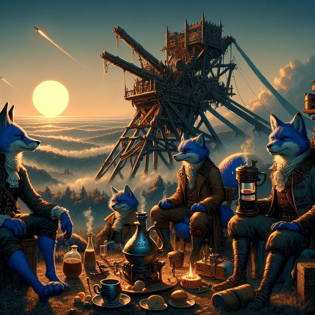 Prompt: {
  "prompt": "Illustrate a steampunk and gothic scene at dawn with an epic trebuchet and four anthropomorphic blue fox adventurers. The setting includes a dark, steampunk landscape with Dracula's fortress on a distant hill. Highlight the trebuchet with steampunk designs. Characters: Sebastian (leader), Alistair (sharpshooter), Finnegan (engineer), Cedric (medic). Include a coffee break with a steampunk coffee maker, carafe, and krumpets. Use dawn light to highlight details and create a dark, adventurous mood."
}