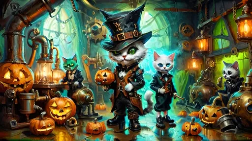 Prompt: trio of anthropomorphic kittens in steampunk Halloween toy factory, Victorian leather and copper attire, ghost hunting apparatus, brass gears, ornate brass blunderbusses, oversized Doc Martens, jester masks, sinister grins, jack-o’-lanterns, eerie masks, shadowy phantoms, gothic spires, blue and green glowing steam pipes, chiaroscuro lighting, glowing mist, modern steampunk devices, silk and brass textures