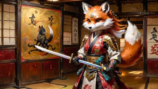 Prompt: Cherry Kitsune, an elegant anthropomorphic fox warrior, stands poised in a Japanese dojo, her copper and brass-adorned armor reflecting a fusion of Edo-period aesthetics and steampunk elements. She wields a traditional Japanese naginata with deadly precision. As she performs a swift and fluid strike, multicolor luciferin gradients shimmer across her form, casting an ethereal glow. The background hints at both a serene dojo and a tense battlefield, balanced by cinematic lighting and a mood of calm intensity.

Style and Mood Tags:
Cinematic lighting, ethereal glow, traditional Japanese art style, steampunk fusion, fluid movement, intense yet serene atmosphere, battle-ready elegance.
