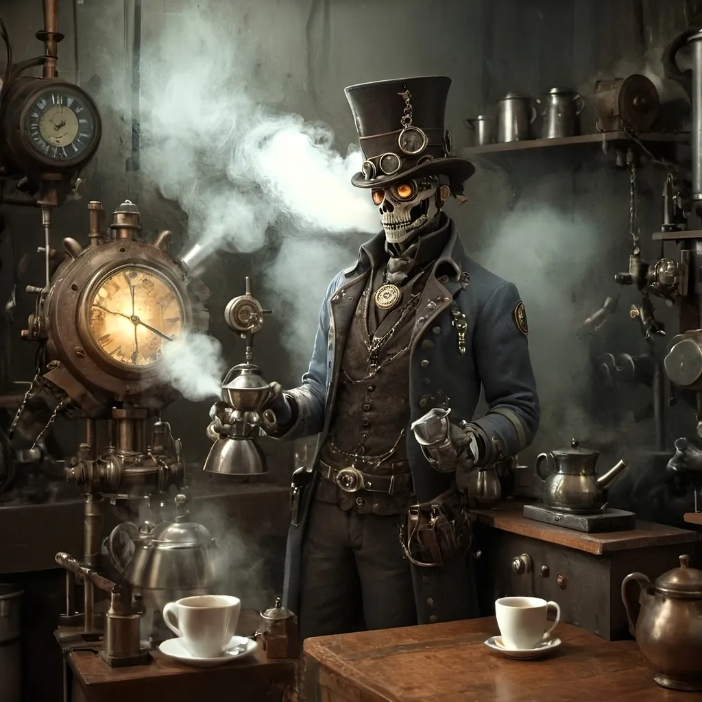 Prompt: In a realm where shadows swirl like tendrils of forgotten tales, a figure stands tall amidst the clatter of machinery and the whisper of steam. This figure is not of battles and realms, but of coffee and dreams. Enter our hero, not with sword in hand but with a steaming carafe, a barista of finesse and a steampunkesque coffeemaker that hums with mechanical precision.
In this surreal tapestry of bones and gears, where the aroma of freshly ground beans mingles with the scent of aged metal, the hero weaves a tale not of conquest, but of creation. With each carefully crafted cup, each swirl of tastefully engineered foam, the hero challenges not the throne, but the very essence of tradition and innovation.
Picture this scene: an ornate coffee carafe, adorned with intricate engravings that tell stories of old, a steaming styled foam rising like the curls of forgotten whispers, and a barista whose hands move with the grace of a master artisan. As the hero brews a blend that transcends time and taste, he becomes a catalyst for change in a world where coffee is not just a drink, but a symbol of unity and progress.
So, amidst this steampunkesque backdrop of clinking chains and whirring cogs, our hero stands not as a warrior, but as a champion of caffeinated dreams, ready to stir hearts and awaken minds to the possibilities that lie beyond the realm of bones and machinery. In this tale of triumph and transformation, the hero's destiny is not to conquer, but to inspire a new era where the art of coffee-making is as revered as the most epic of legends.