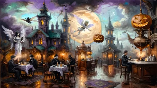 Prompt: An ethereal steampunk coffee bistro in the clouds at twilight, with angels and celestial figures serving coffee. Patrons bustling.  The bistro is adorned with mechanical steampunk elements like antique bronze and copper gradients, along with silver and gold accents. The atmosphere is dreamlike and heavenly, with Halloween elements such as glowing jack-o’-lanterns, phantoms, and eerie Victorian attire. Gothic spires and shadowy ruins appear in the misty landscape, illuminated by stark chiaroscuro lighting. Eerie mists glow in shades of brown, purple, and green, while ornate brass carafes steam with celestial coffee. Angels with shimmering wings and macabre expressions serve patrons under a sky painted in lavender and soft blues. The flooring is made of glowing clouds, and the bistro furniture is airy and translucent, creating a haunting yet serene ambiance.