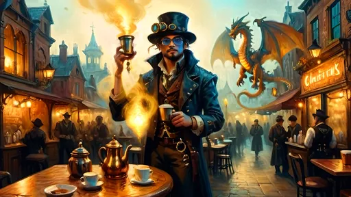 Prompt: A fantasy steampunk market square at dawn, softly illuminated by warm gaslight. Steam and fog swirl around the 'Drag’n Mondays' coffee bistro, with ornate antique bronze and copper carafes Townsfolk in leather outfits adorned with brass gears walk through the misty streets. Felix, in a leather vest and brass-tinted Doc Martens, adjusts his brass goggles, bathed in an ethereal glow. Overhead, a translucent blue and copper spectral dragon serves as a barista, breathing glowing mist.. Luciferin-glowing flowers dot the scene, set against soft pastels and warm gaslight hues, with chiaroscuro lighting creating dreamy depth.