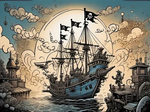 Prompt: A serene scene with glowing motifs and an otherworldly effect, rendered in the style of fountain pen ink, inspired by steampunkesque luciferin powered and illustrated. The scene depicts an exultant dawn breaking with a lucent glow anointing the sky. A pirate ship known as 'fools’ airborne vessel' ascends in a steampunk reverie, with clockwork jesters frolicking near a Rube Goldberg coffee device on deck. Soft gradients blend acrylic colors of bronze, baby blues, and gold, as the airship’s spectral hues glow. Luciferin light and translucent magic weave through the air with ethereal mist. Pistons hum in sync as gears and cogs glide in motion, demonstrating machination’s grace. Lens flares gently bloom, and expansive light shapes the scene, with softly glowing edges. Phong shading gives a touch of realism within the dreamlike haze, while soft blurs and ample negative space breathe life into the scene. Metallic whispers of gold add a sense of luxury as the ship sails through the dreaming steampunk sky, with fools in dawn’s embrace.Chiaroscuro effecits