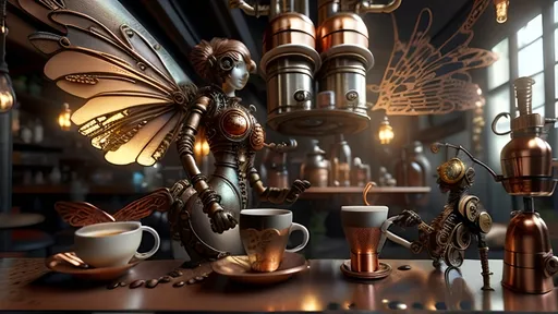 Prompt: A bio-mechanical close-up view focusing on the glowing wings of a brass and copper bio-Sprite Waiter serving coffee at The Winged Bean. The scene highlights mechanical textures, intricate gears, and tubes on the Sprite Waiter. A detailed coffee cup is visible in the foreground as it's being served to a mechanical patron, who is designed with gears and copper components. The warm dawn light illuminates the scene, while the misty, whimsical steampunk bistro atmosphere adds to the charm. The combination of organic and mechanical elements creates a magical steampunk setting.