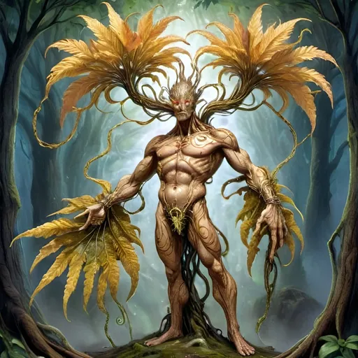 Prompt: Awakening to a world of grass and fog, this anthropomorphic marvel found itself a being of intricate design, its form fashioned from a mosaic of verdant foliage. Each leaf, a distinct contour sculpted by nature's hand, now melded seamlessly into a living, breathing tapestry of existence.

As consciousness unfurled like the delicate fronds of a fern, the anthropomorphic leaf creature's very veins pulsed with the lifeblood of intricate leaf veins, an organic network etched upon its frame - a convergence of the botanical and the mechanical. Its eyes, twin orbs of luminous intent, searched the room with an inquisitive gleam, conveying a depth of emotion that belied its leafy visage.

Donned in steampunk attire fashioned from woven textured foliage, the creature's appearance was a blend of rustic charm and whimsical elegance. The supple fabric of its leaf clothing whispered softly with each movement, granting it a tactile semblance of the sturdy yet comforting embrace of leather, exposed skin as dried leaves.

Thus, in this wondrous amalgamation of flora and function, the steampunkesque creature stood -eye contact and interaction a relaxed posture, a marvel of artistry and ingenuity, a testament to the boundless creativity that flourished in the realm where the natural world and the fantastical collide.
