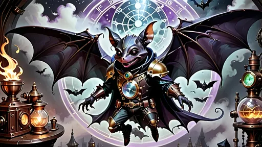 Prompt: Within arcane realms,  
Anthropomorphic bat-bodied figures glide,  
Unfurled wings sweeping through twilight skies.  
In the heart of the commune, amidst steampunk wonders,  
Three bat boys embark on a daring adventure.
Clutching a crystal sphere,  
Its vivid world encapsulated within,  
A steampunk elder reflects,  
Embracing the ethereal with knowing eyes.  
Trompe L'oeil’s whispered spell,  
Warlock's alchemy, and ancient intrigues guide them. Prehensile devil fleshy manta  ray shaped tail tips
Luciferin hues dance in the air,  
Psychedelic flames casting an otherworldly glow,  
Smoke weaving mystical tales of yore.  
The boys, undeterred, stop and have full steampunk coffee service, milk art coffee break,  move forward,  
Their high-top sneakers, a blend of leather and copper,  
Pounding the rugged terrain with determined strides.
Amidst the expansive panorama,  
Nature's flame essence glows,  
Revealing the fantasy world unfolding.  
Each step brings new perils,  
Each flutter of their wings a brush with fate.
High above, the stars bear silent witness,  
To their bravery and camaraderie,  
In the face of overwhelming odds.  
Bound by duty and a brotherhood unspoken,  
They carve their path through the heart of the commune,  
Their journey just beginning in this steampunked twilight.
With enhanced fingers tracing ancient maps,  
Expressive eyes searching for the next clue,  
They press forward into the unknown,  
Their bond a beacon in a world fraught with danger.  
Through the shimmering veil of smoke and flame,  
The adventure of three bat boys,  
Against all odds,  
Continues into the night.