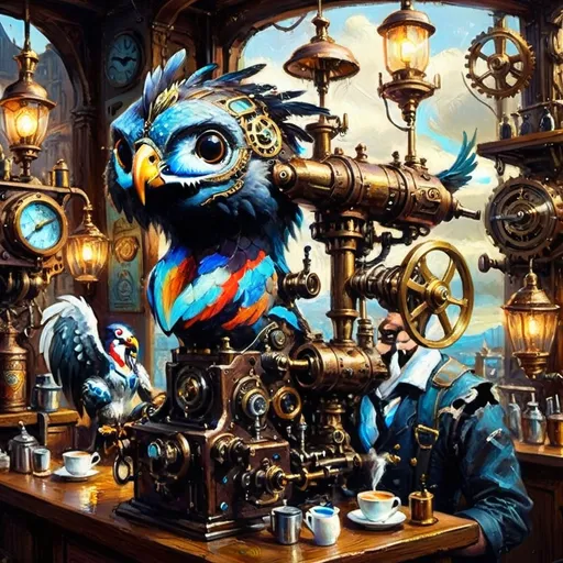 Prompt: A richly detailed steampunk café scene featuring an anthropomorphic falcon barista named Falco. He works with mechanical precision, his deep brown and copper feathers shimmering under brass chandeliers as he pulls espresso shots from a vintage steam-powered coffee machine. The café is adorned with polished brass gears, pistons, and intricate copper elements. Lanterns cast glowing light, creating dynamic shadows and highlights in a chiaroscuro effect. Patrons, a mix of sky sailors and inventors, gather on the balcony, enjoying lattes with intricate airship designs in the foam. The scene is filled with vibrant colors, atmospheric depth, and delicate surreal elements such as glowing steam and ethereal lantern halos. The mood is a harmonious blend of fantasy and steampunk, capturing the imagination with its vivid details and warm lighting.