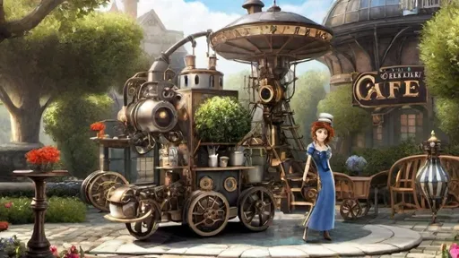 Prompt: In the heart of a bustling steampunk city, where the scent of roasted coffee beans mingled with the aroma of steam engines, there lay a hidden gem  a coffee bistro with a stunning outdoor topiary garden. As patrons strolled through the whimsical garden, marveling at the intricately sculpted foliage that twisted and twined in elegant patterns, they found themselves drawn to a new addition that sparkled in the sunlight.
An ornate steampunkesque coffee cart, a true marvel of design and functionality, now graced the garden. Its brass and copper accents gleamed brightly, catching the eye of every passerby. The cart itself was a work of art, with gears turning and releasing gentle puffs of steam, adding a touch of magic to the already enchanting atmosphere.
Upon the cart sat an ornate carafe, crafted with intricate detailing that mirrored the beauty of the topiaries surrounding it. Its glass shone like crystal, refracting light in a dazzling display. Beside it, a collection of specialty mugs awaited, each one a masterpiece in its own right. Steampunkinspired designs adorned the mugs, with gears and cogs intertwining in a mesmerizing dance of art and utility.
As the barista skillfully poured rich, aromatic coffee from the carafe into these specialty mugs, the air filled with the symphony of clinking porcelain and the hiss of steam. Patrons gathered around the cart, eager to experience both the visual spectacle and the tantalizing flavors that awaited them.
In this outdoor topiary garden, where nature and steampunk technology merged seamlessly, the ornate coffee cart stood as a symbol of innovation and creativity. It offered not just a cup of coffee, but a sensory journey through a world where artistry and functionality coexisted in perfect harmony, inviting all who visited to savor both the brew and the beauty of their surroundings.