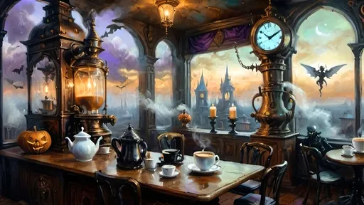 Prompt: An ethereal steampunk coffee bistro in the clouds at twilight, with angels and celestial figures serving coffee. The bistro is adorned with mechanical steampunk elements like antique bronze and copper gradients, along with silver and gold accents. The atmosphere is dreamlike and heavenly, with Halloween elements such as glowing jack-o’-lanterns, phantoms, and eerie Victorian attire. Gothic spires and shadowy ruins appear in the misty landscape, illuminated by stark chiaroscuro lighting. Eerie mists glow in shades of brown, purple, and green, while ornate brass carafes steam with celestial coffee. Angels with shimmering wings and macabre expressions serve patrons under a sky painted in lavender and soft blues. The flooring is made of glowing clouds, and the bistro furniture is airy and translucent, creating a haunting yet serene ambiance.