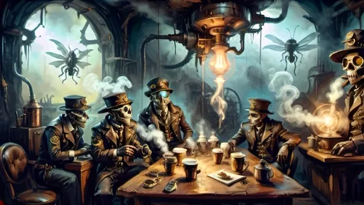 Prompt: A steampunk-inspired coffee scene at a flight school for anthropomorphic lightning bug zombies, set in a cavernous, dimly lit canopy. The scene features zombie cadets in whimsical, swashbuckling leather flightsuits, with intermittent luciferin glows illuminating their insect-like bodies. Crepuscular tendrils of light weave through the air, casting soft, ethereal glows that highlight the metallic elements of their attire. The coffee table is adorned with gears, cogs, and brass utensils, with steam rising from copper and brass contraptions. The lighting is soft, featuring glowing edges and gentle gradients of antique bronze, copper, baby blues, and coffee hues. The atmosphere is a blend of eerie, gothic horror and dynamic steampunk vitality, with an emphasis on both ethereal and mechanical elements.