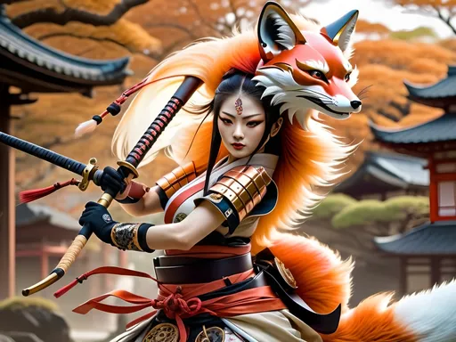 Prompt: Depict Cherry Kitsune, a graceful and fierce anthropomorphic fox warrior. She moves with fluidity and precision, wielding a traditional Japanese naginata. Her armor, detailed with copper and brass, blends Edo-period aesthetics with steampunk elements. The scene is illuminated by multicolor luciferin gradients, creating an ethereal glow in a Japanese dojo or battlefield."
- Style and Mood Tags: Cinematic lighting, fluid movement, traditional Japanese art style, ethereal glow, steampunk fusion