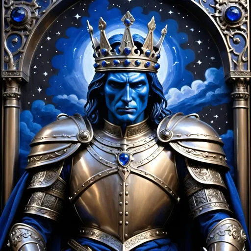 Prompt: In the battlefield's grim and fateful hour,  
The king, in dire straits, donned with runic might,  
His breastplate, a cobalt blue luciferin power,  
Glowing trompe l'oeil, radiating in the night.
Bronze and copper accouterments adorned,  
Reflecting his ethereal ethereal hue,  
A king, in soulful gaze, his fate forewarned,  
For in battle's dance, his destiny he'll pursue.

Steaming brass machine,
Latte swirls in artful froth,
Castle's walls at dusk.
 Milk dances in cup,
Gothic battlements aglow,
Twilight's warm embrace.
Brass and metal gleam,
Enchanted castle at dusk,
Latte artistry.

Amidst the fray, enchanted by his spell,  
Bewitched daemon imps arise,  
Their presence in the battle does compel,  
A dynamic clash beneath the darkening skies.
In fierce interaction with these spectral beings,  
The king's strength and valor put to test,  
His spirit, a beacon in the chaos it brings,  
In a realm where courage and fate manifest.
With each movement, a narrative unfolds,  
As anthropomorphic characters align,  
In the king's story, where destiny molds,  
A saga of bravery and honor intertwined.
Through the clash of forces, light and dark,  
The king's presence shines in cobalt blue,  
A soulful citation in battle's stark embark,  
A monarch in bronze and copper, true.
In this tapestry of conflict and strife,  
Where skeletal imps and warriors entwine,  
The king, in his regal essence rife,  
Embodies a legacy, steadfast and divine.
