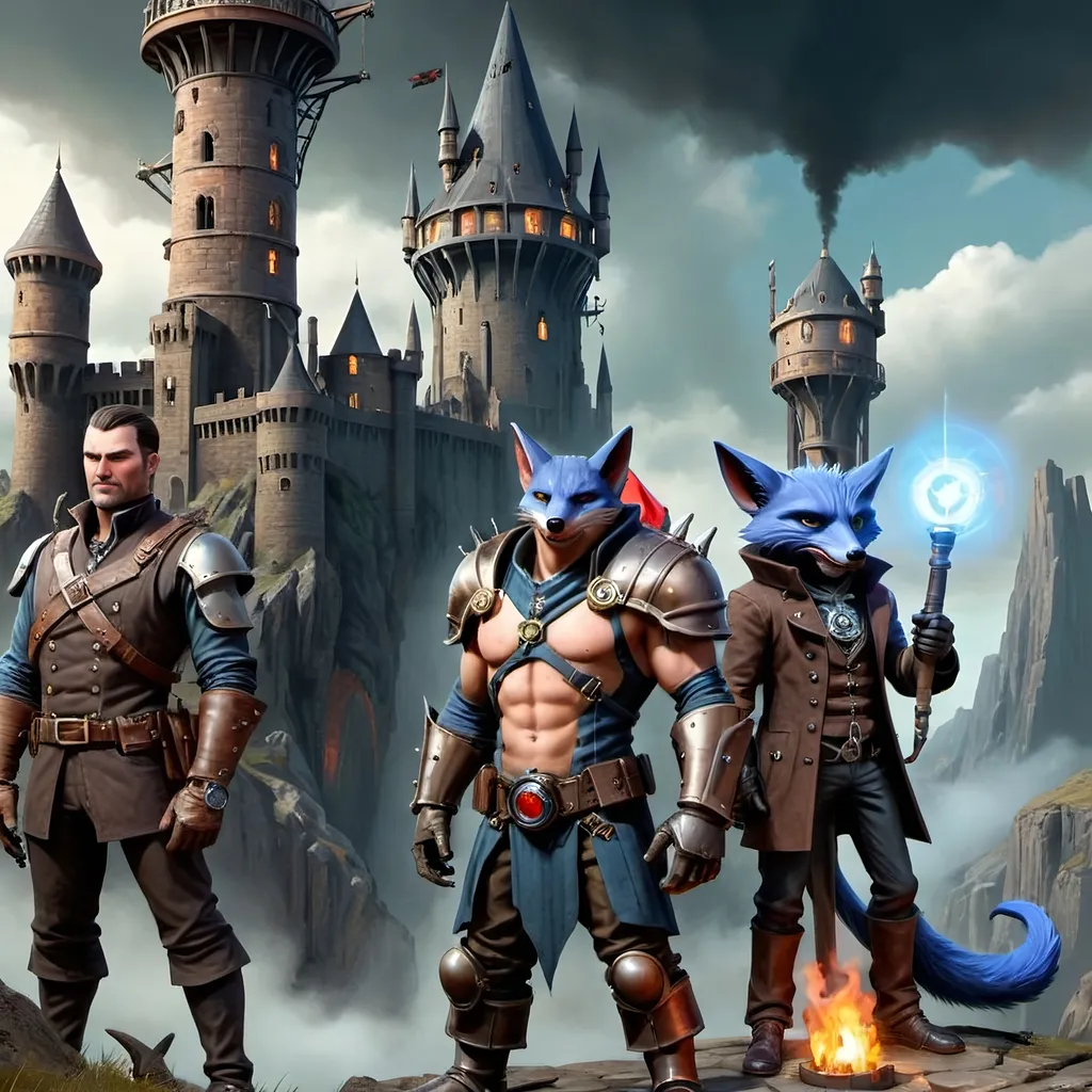 Prompt:  "prompt": "Create a dramatic and atmospheric scene featuring a steampunk-themed realm with castles and villages. Central to the scene is a large trebuchet aimed at the ominous silhouette of Dracula's fortress on a distant hill. Surrounding the trebuchet are four anthropomorphic blue fox adventurers, each with distinct roles:

- **Sebastian:** The sage leader, exuding wisdom and confidence.
- **Alistair:** The sharpshooter, holding a steampunk-style rifle.
- **Finnegan:** The inquisitive engineer, tinkering with the trebuchet mechanisms.
- **Cedric:** The calm medic, ready with a medical kit.

The setting is shadowed and suspenseful, with gothic horror elements like bizarre bats and shadowy landscapes. The mood is dark and adventurous, blending steampunk ingenuity with gothic horror. The background includes towering battlements, ancient castle walls, and eerie atmospheric elements.

The scene captures the adventurers preparing for battle, with the trebuchet as the focal point. Use lighting to highlight the glimmering steampunk machinery and the tense expressions of the characters. The overall tone should be suspenseful and grand, with intricate details on the trebuchet and the foxes' attire, incorporating steampunk accessories and realistic textures like rusted metal, worn wood, and fur. Ensure the composition conveys depth and movement, with a dark, moody palette to enhance the eerie and adventurous atmosphere."
