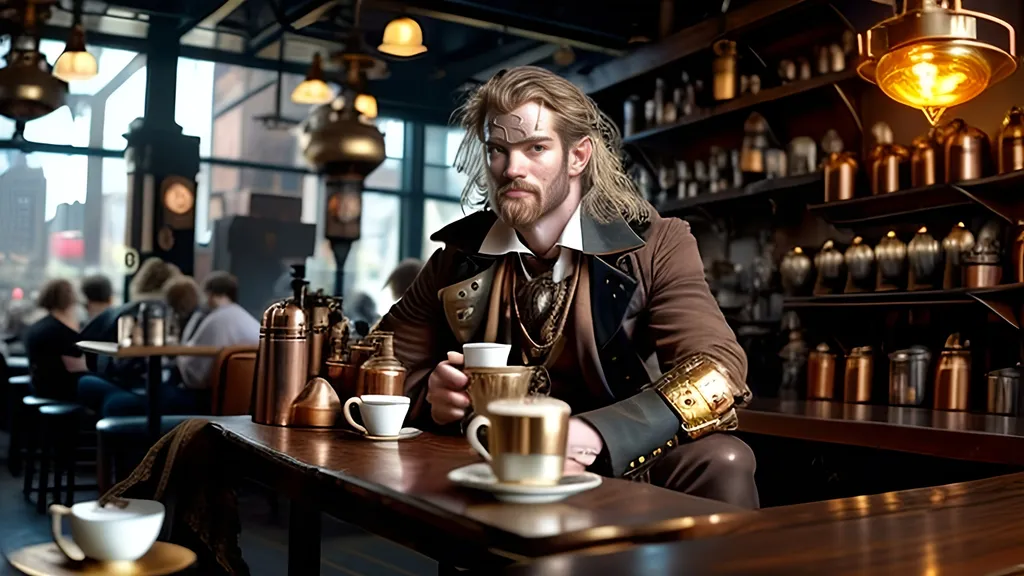 Prompt: A disheveled thunder god with glowing golden eyes, wearing a rumpled white and gold outfit, sitting in a steampunk coffee shop. He holds a steampunk-style coffee cup, with messy hair, and the scene is bathed in golden hour lighting. The background features a New York twilight skyline visible through large windows, with copper pipes, vintage machinery, and Edison bulbs as part of the steampunk decor. A mystical, tired-looking hammer rests beside him. There are a few patrons in subtle steampunk attire, completing the warm, relaxed atmosphere.