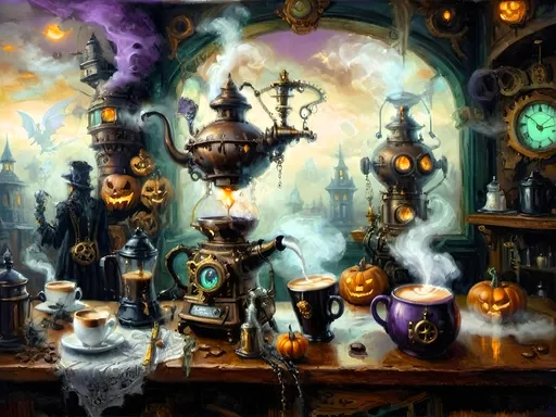 Prompt: ethereal steampunkesque coffee bistro in the clouds with angels and celestials, dreamlike atmosphere with mechanical steampunk elements, antique bronze, copper gradients, silver and gold accents. The space is heavenly and dreamlike, filled with Halloween elements like jack-o’-lanterns, phantoms, eerie Victorian attire, and a gothic twist. There are shadowy ruins and misty landscapes under stark chiaroscuro lighting, with eerie mists glowing in shades of brown, purple, and green. Celestial beings in fun macabre Victorian attire with ornate brass coffee makers and carafes add to the scene's whimsical yet haunting atmosphere.